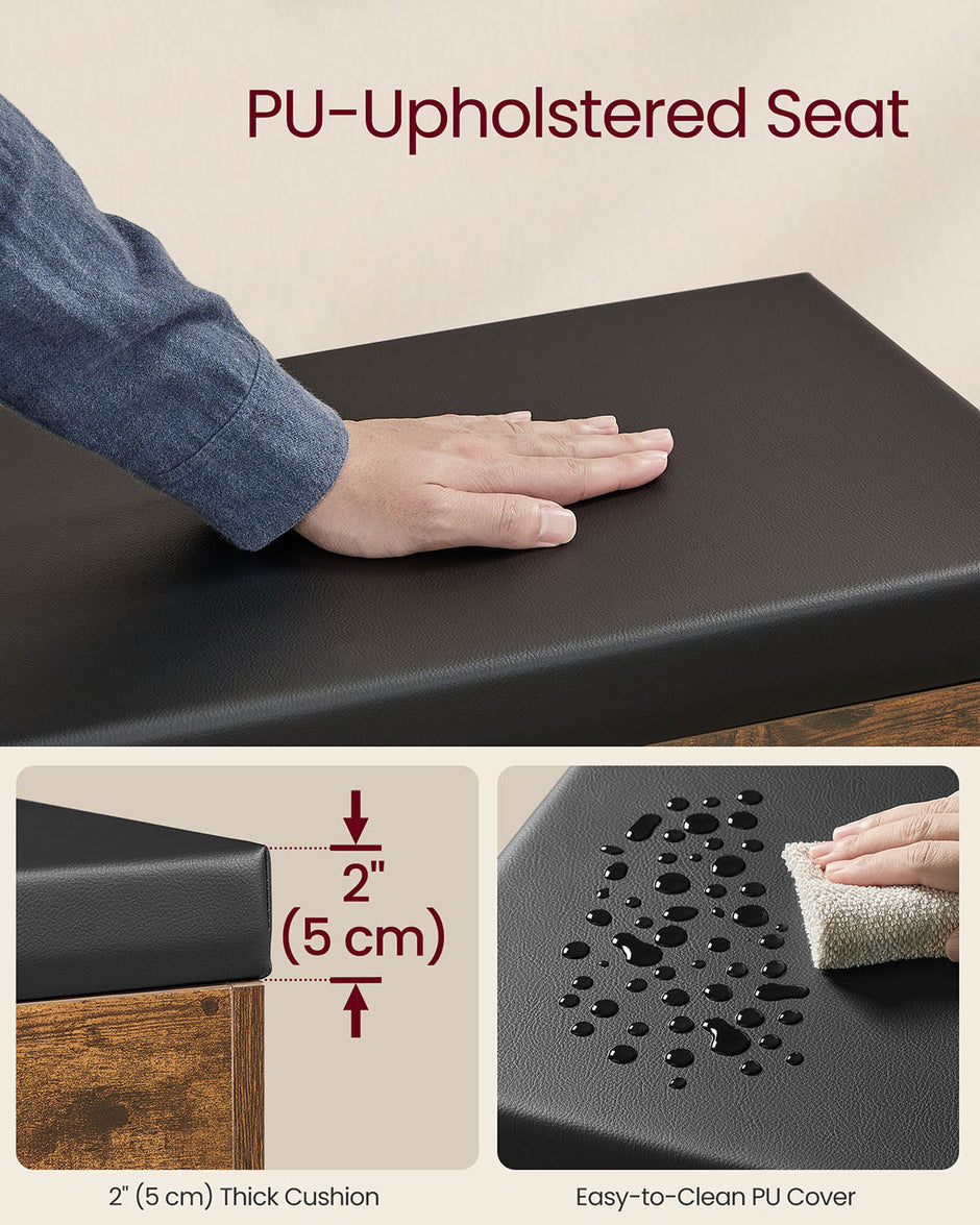 Shoe Bench – Wood – Rustic Brown – Cushioned Seating with 3 Compartments, 30 x 60 x 44 cm