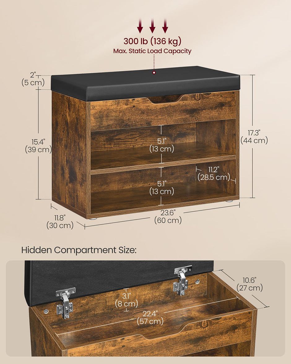 Shoe Bench – Wood – Rustic Brown – Cushioned Seating with 3 Compartments, 30 x 60 x 44 cm