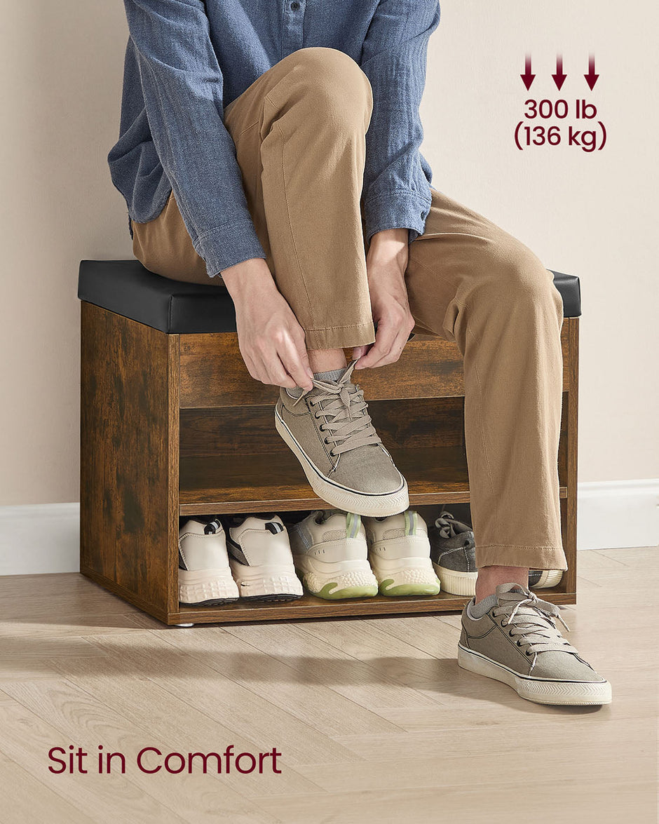 Shoe Bench – Wood – Rustic Brown – Cushioned Seating with 3 Compartments, 30 x 60 x 44 cm
