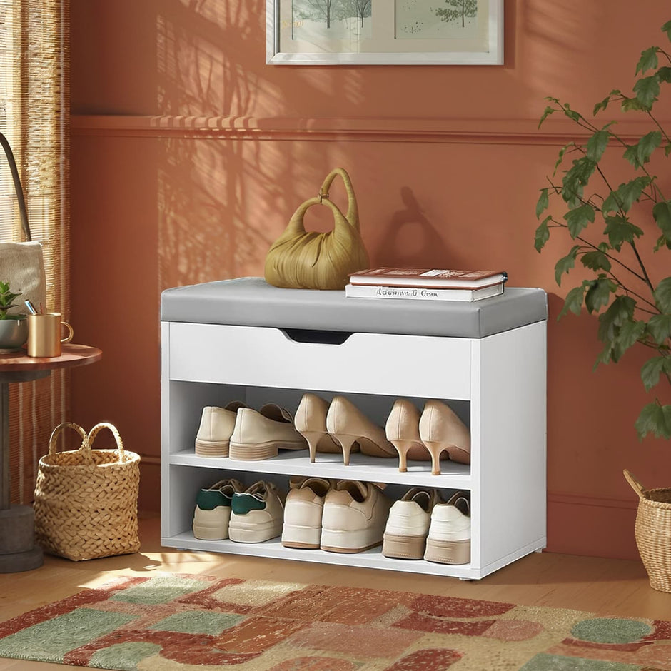 Shoe Storage Bench – Wood – Cloud White – Cushion Top and 3 Storage Compartments