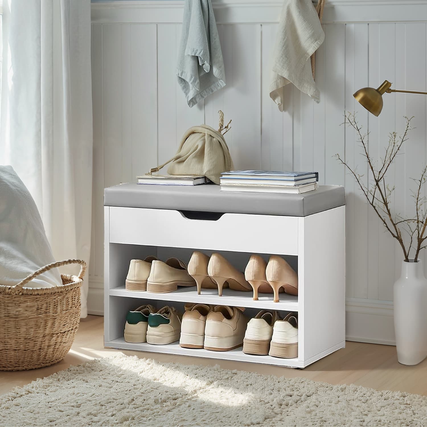 Shoe Storage Bench – Wood – Cloud White – Cushion Top and 3 Storage Compartments