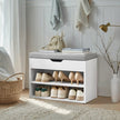 Shoe Storage Bench – Wood – Cloud White – Cushion Top and 3 Storage Compartments