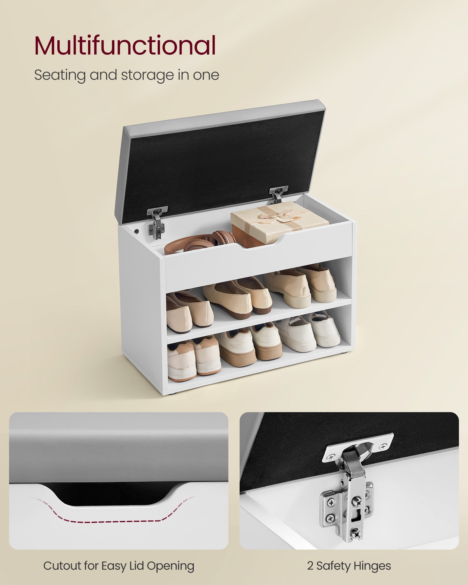 Shoe Bench – Wood – Cloud White – Padded Seat