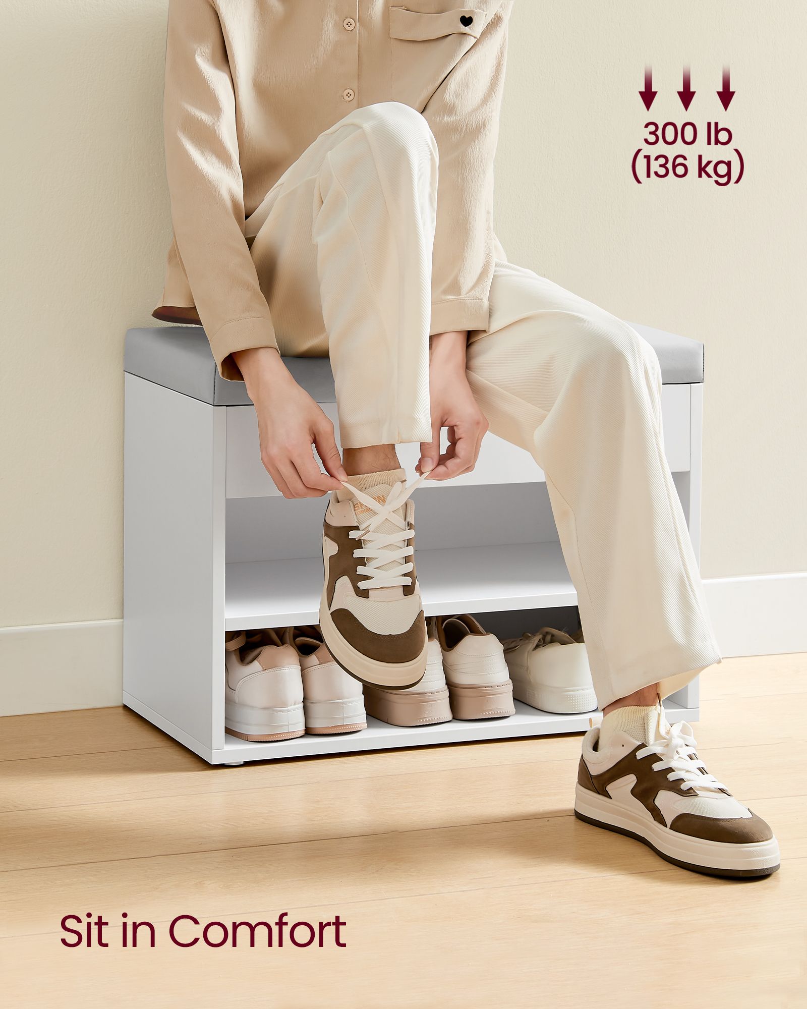 Shoe Bench – Wood – Cloud White – Padded Seat