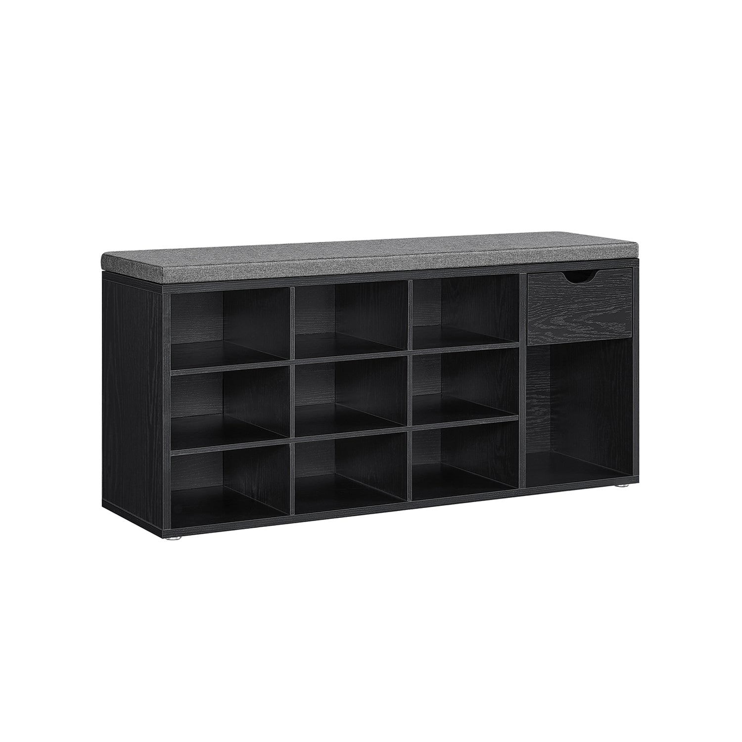 Shoe Storage Bench – Wood – Ebony Black and Slate Grey – Padded Seat with Drawer and Open Compartments