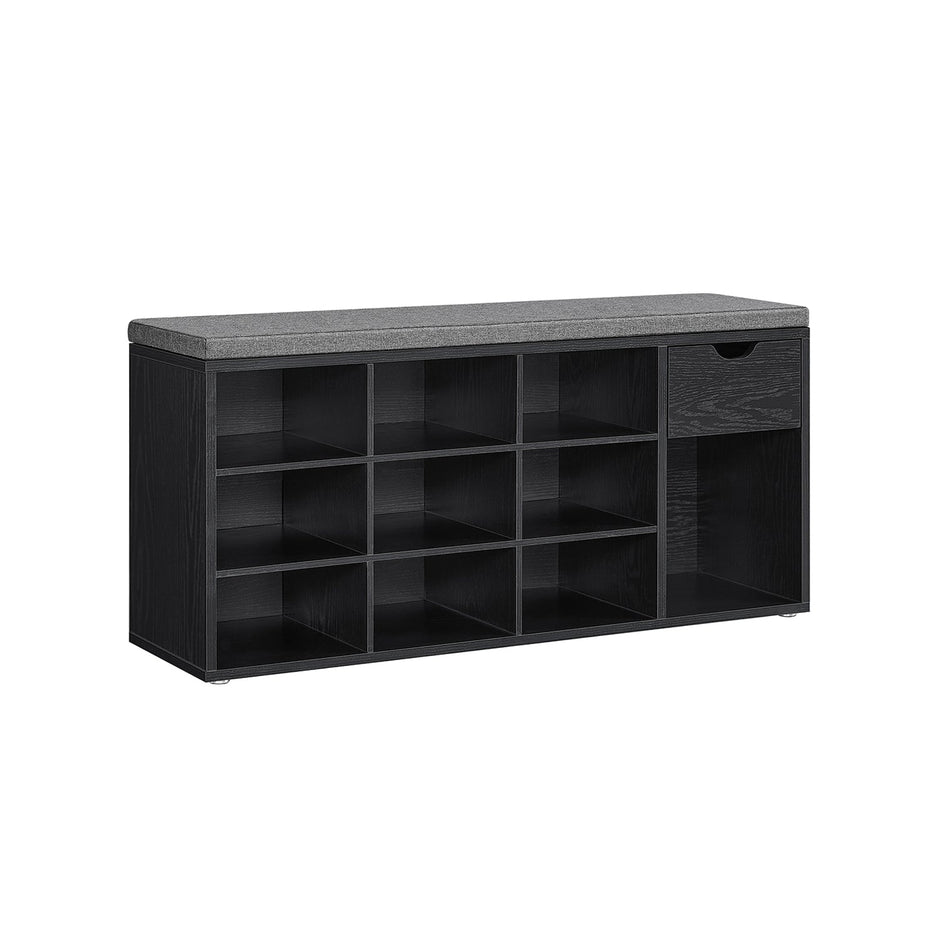 Shoe Storage Bench – Wood – Ebony Black and Slate Grey – Padded Seat with Drawer and Open Compartments