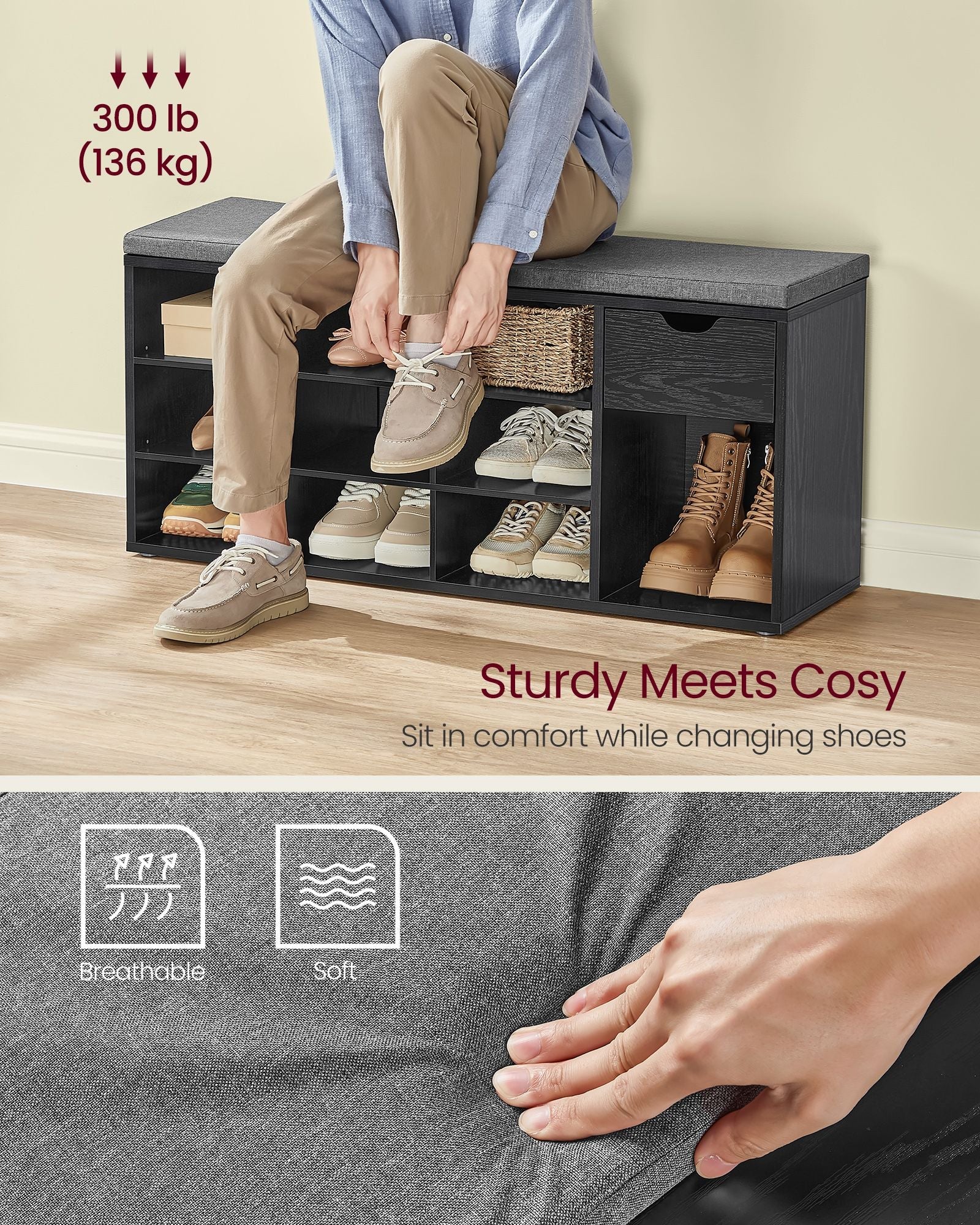 Shoe Storage Bench – Wood – Ebony Black and Slate Grey – Padded Seat with Drawer and Open Compartments