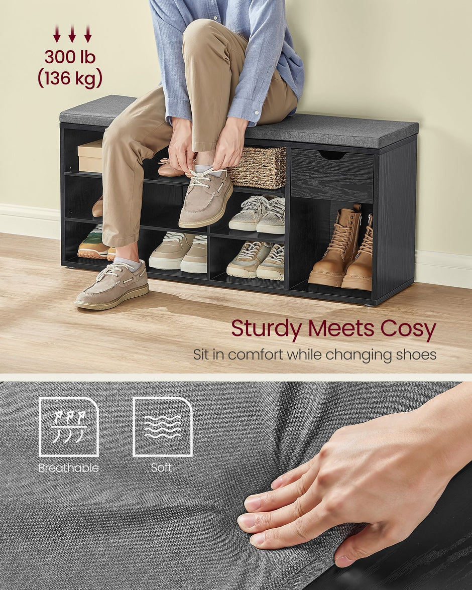 Shoe Storage Bench – Wood – Ebony Black and Slate Grey – Padded Seat with Drawer and Open Compartments