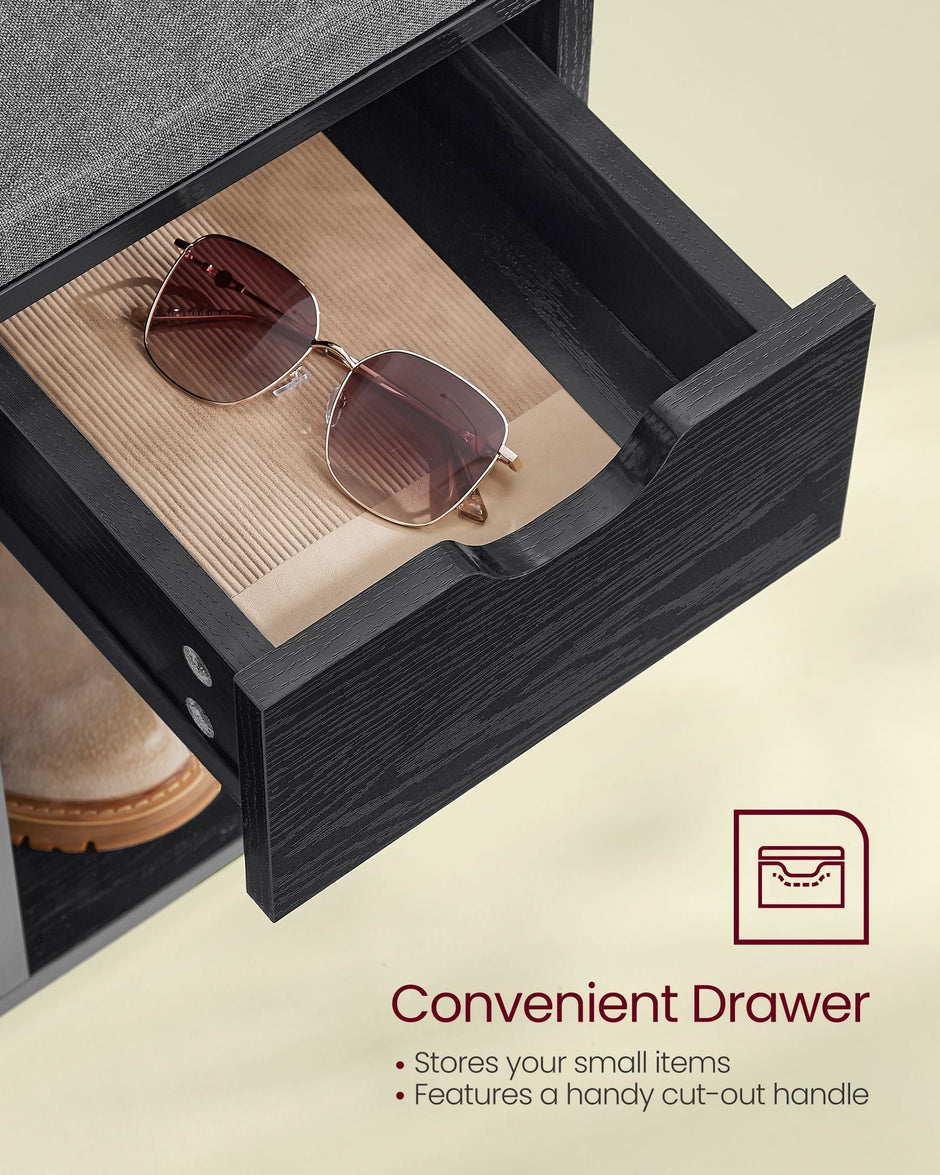 Shoe Storage Bench – Wood – Ebony Black and Slate Grey – Padded Seat with Drawer and Open Compartments