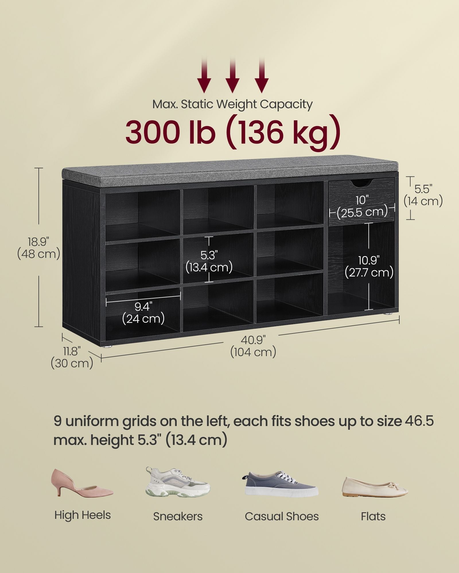 Shoe Storage Bench – Wood – Ebony Black and Slate Grey – Padded Seat with Drawer and Open Compartments