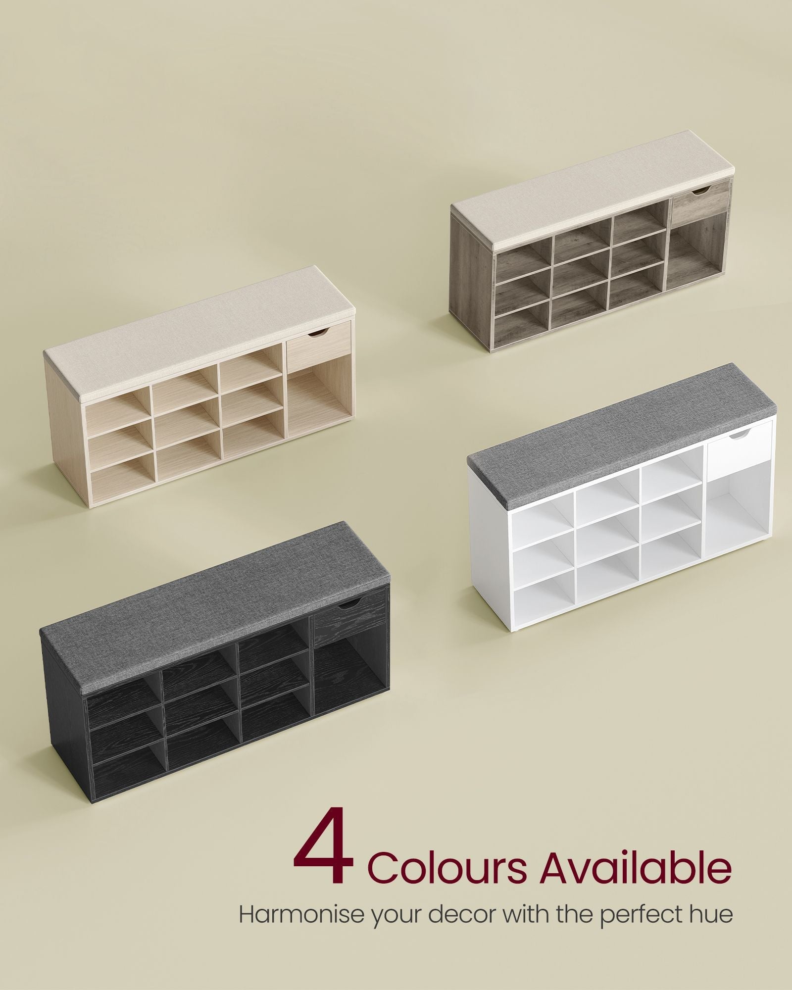 Shoe Storage Bench – Wood – Ebony Black and Slate Grey – Padded Seat with Drawer and Open Compartments