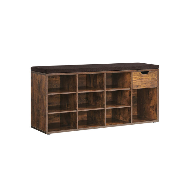 Shoe Storage Bench – Wood – White – Padded Seat with Drawer and Open Compartments