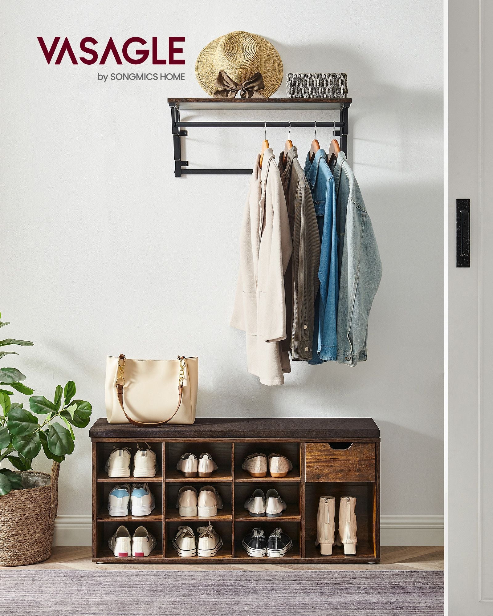 Shoe Storage Bench – Wood – White – Padded Seat with Drawer and Open Compartments
