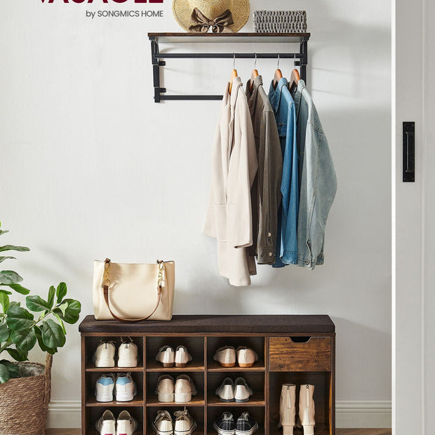 Shoe Storage Bench – Wood – White – Padded Seat with Drawer and Open Compartments