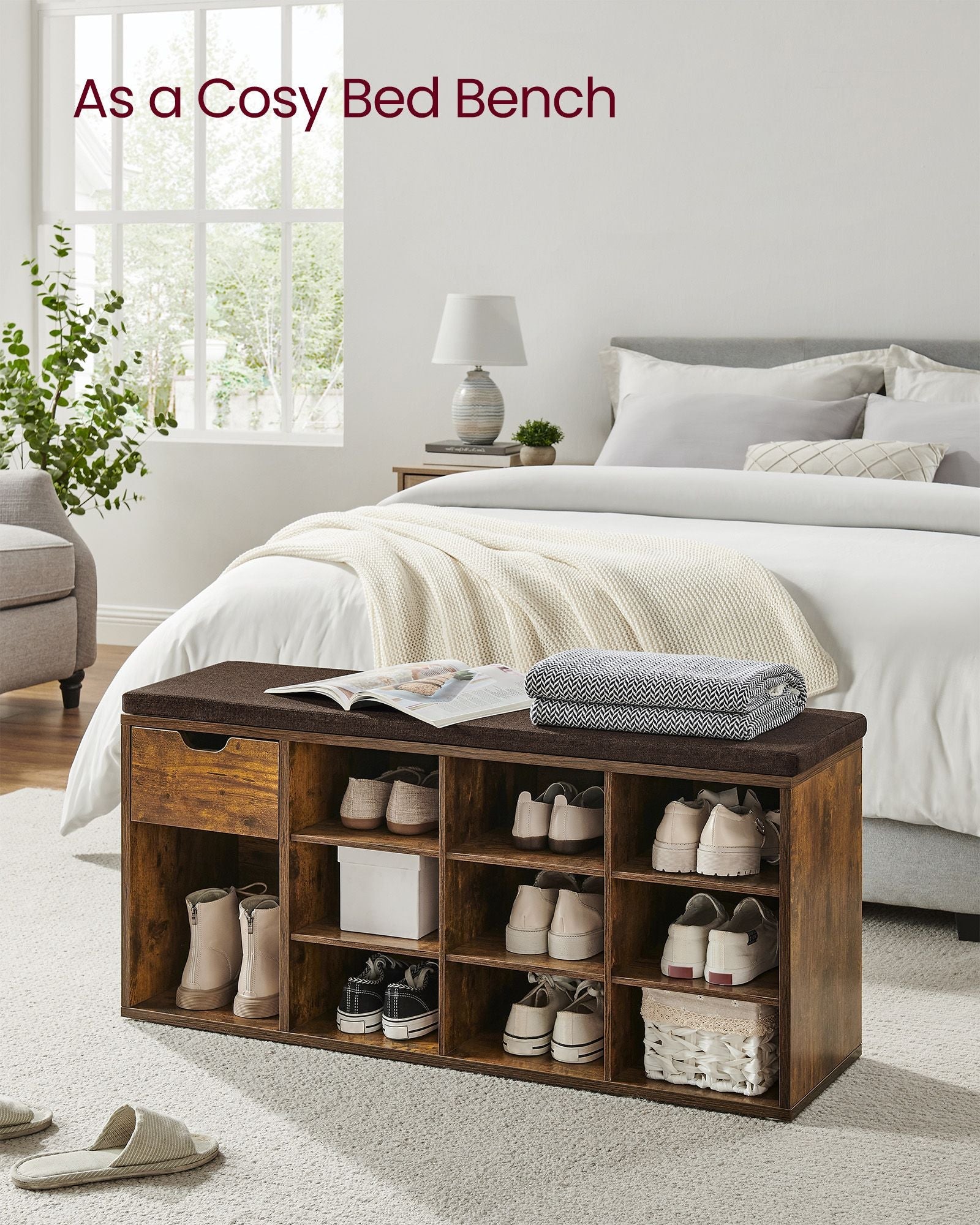 Shoe Storage Bench – Wood – White – Padded Seat with Drawer and Open Compartments