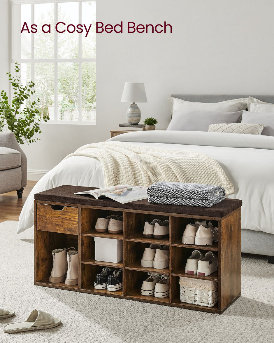 Shoe Storage Bench – Wood – White – Padded Seat with Drawer and Open Compartments