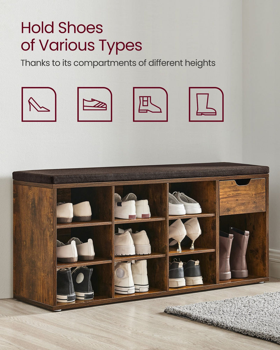 Shoe Storage Bench – Wood – White – Padded Seat with Drawer and Open Compartments