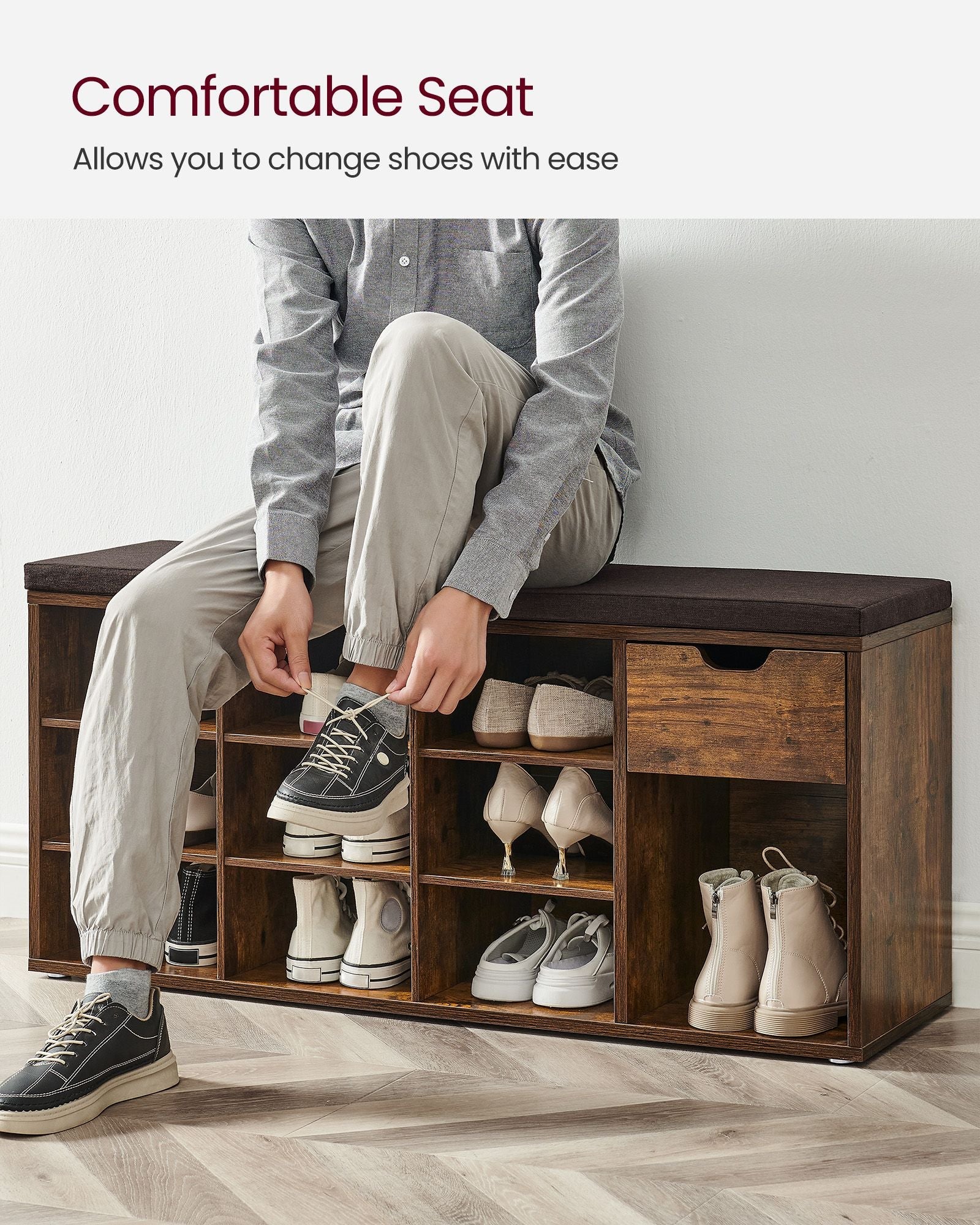 Shoe Storage Bench – Wood – White – Padded Seat with Drawer and Open Compartments