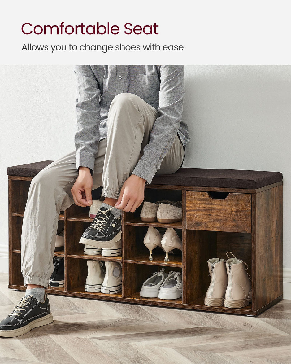 Shoe Storage Bench – Wood – White – Padded Seat with Drawer and Open Compartments