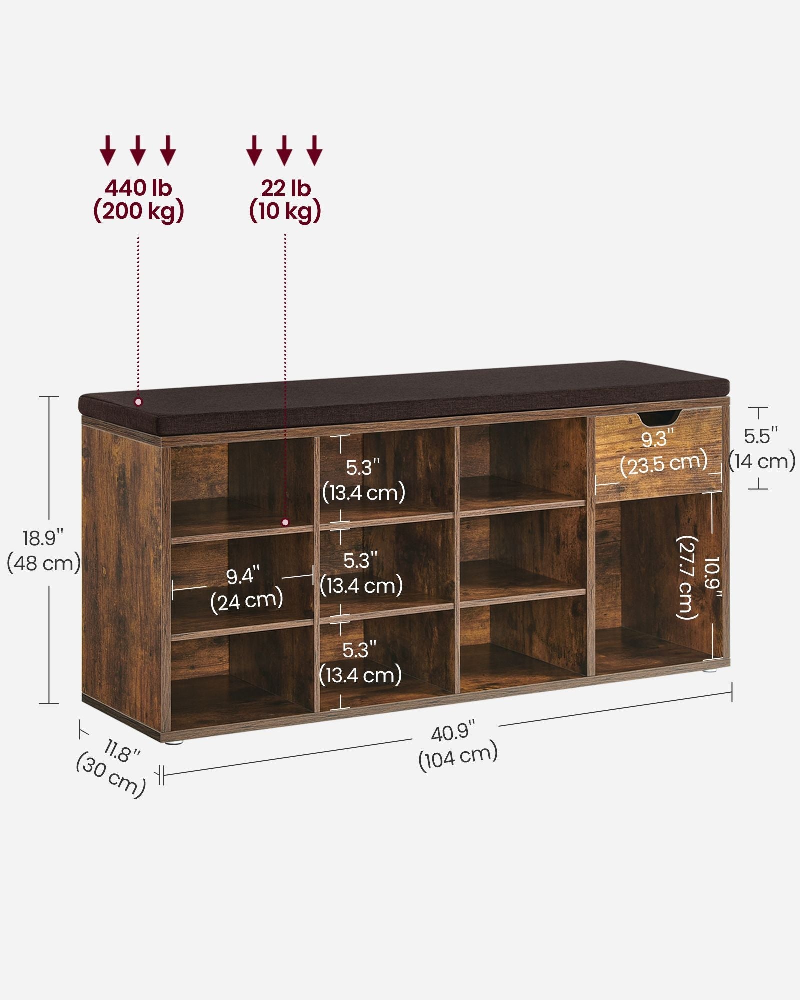 Shoe Storage Bench – Wood – White – Padded Seat with Drawer and Open Compartments