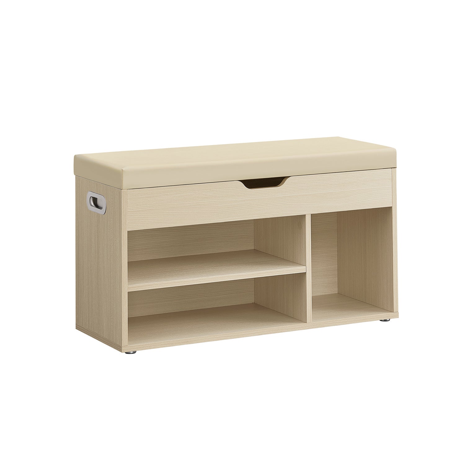 Shoe Bench – Wood – Natural Beige – Cushioned Seat with 3 Compartments