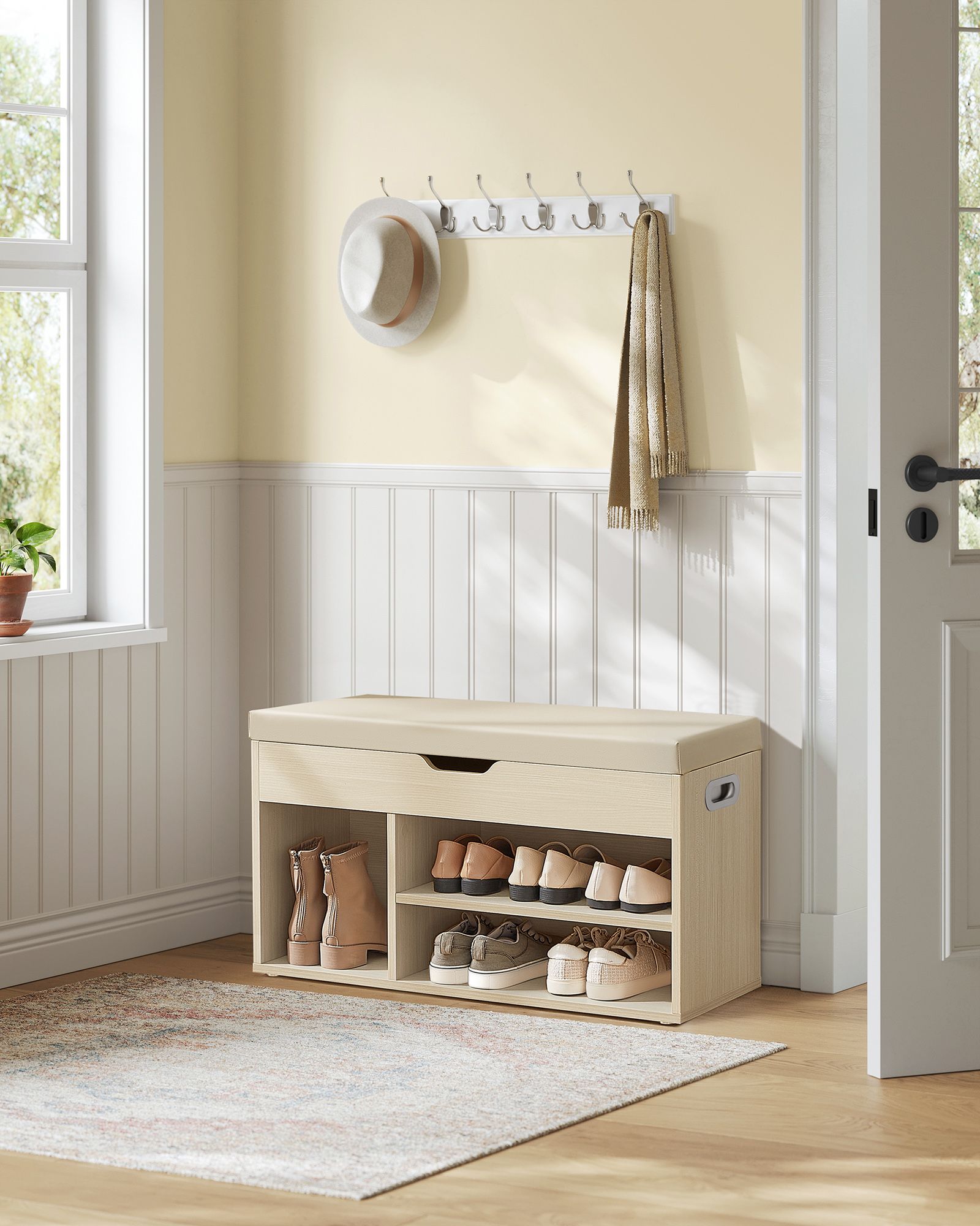 Shoe Bench – Wood – Natural Beige – Cushioned Seat with 3 Compartments