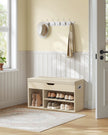 Shoe Bench – Wood – Natural Beige – Cushioned Seat with 3 Compartments