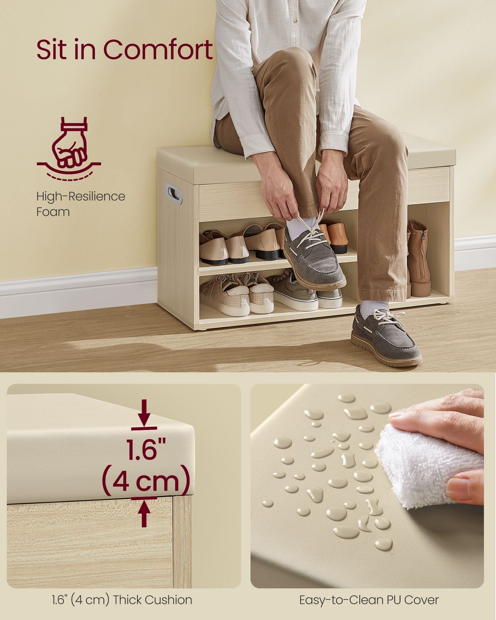Shoe Bench – Wood – Natural Beige – Cushioned Seat with 3 Compartments