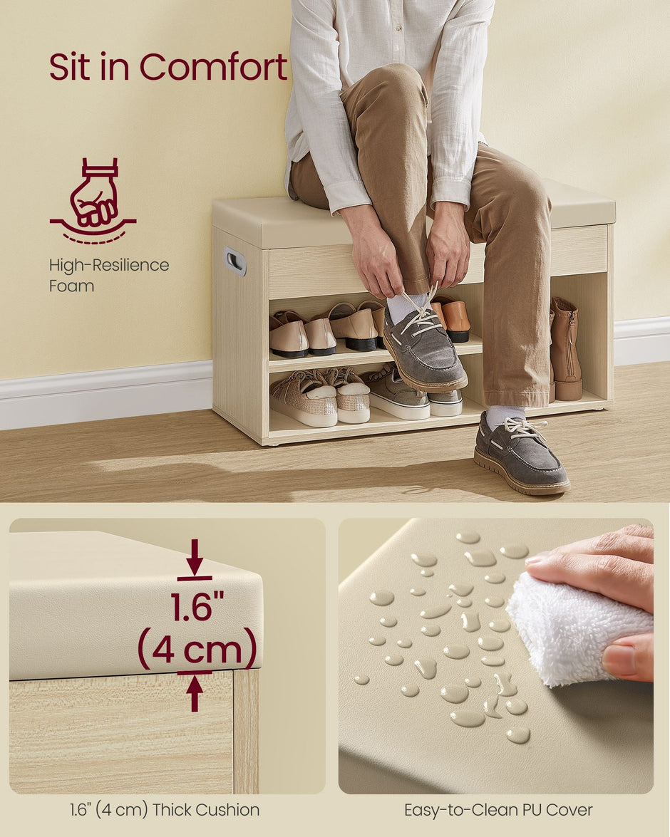 Shoe Bench – Wood – Natural Beige – Cushioned Seat with 3 Compartments