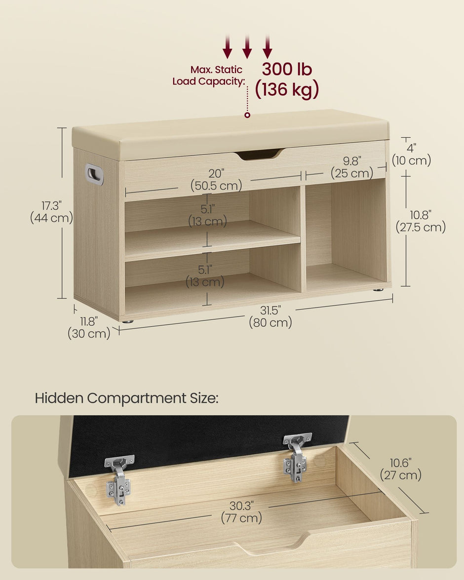 Shoe Bench – Wood – Natural Beige – Cushioned Seat with 3 Compartments