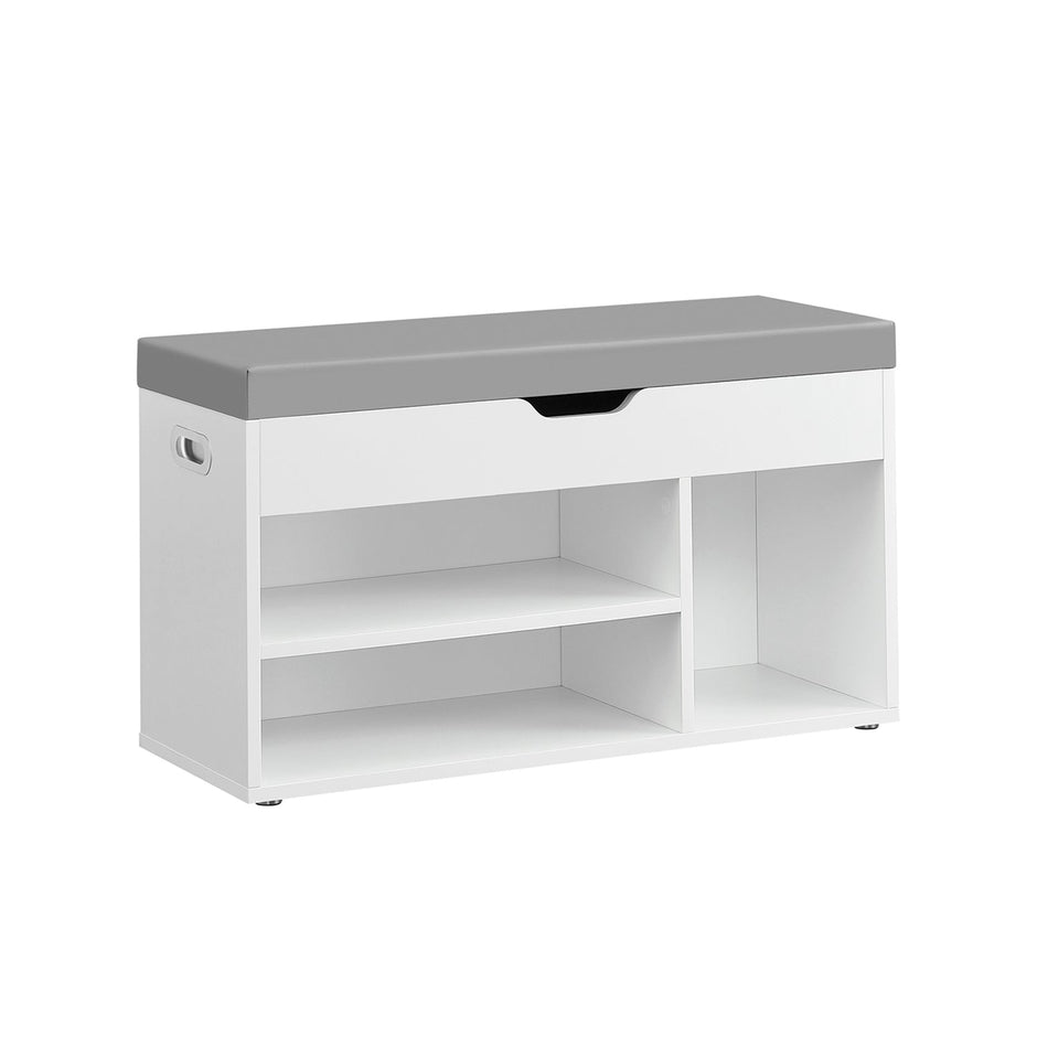 Shoe Bench – Wooden – Cloud White – Cushion Seat with 3 Storage Compartments