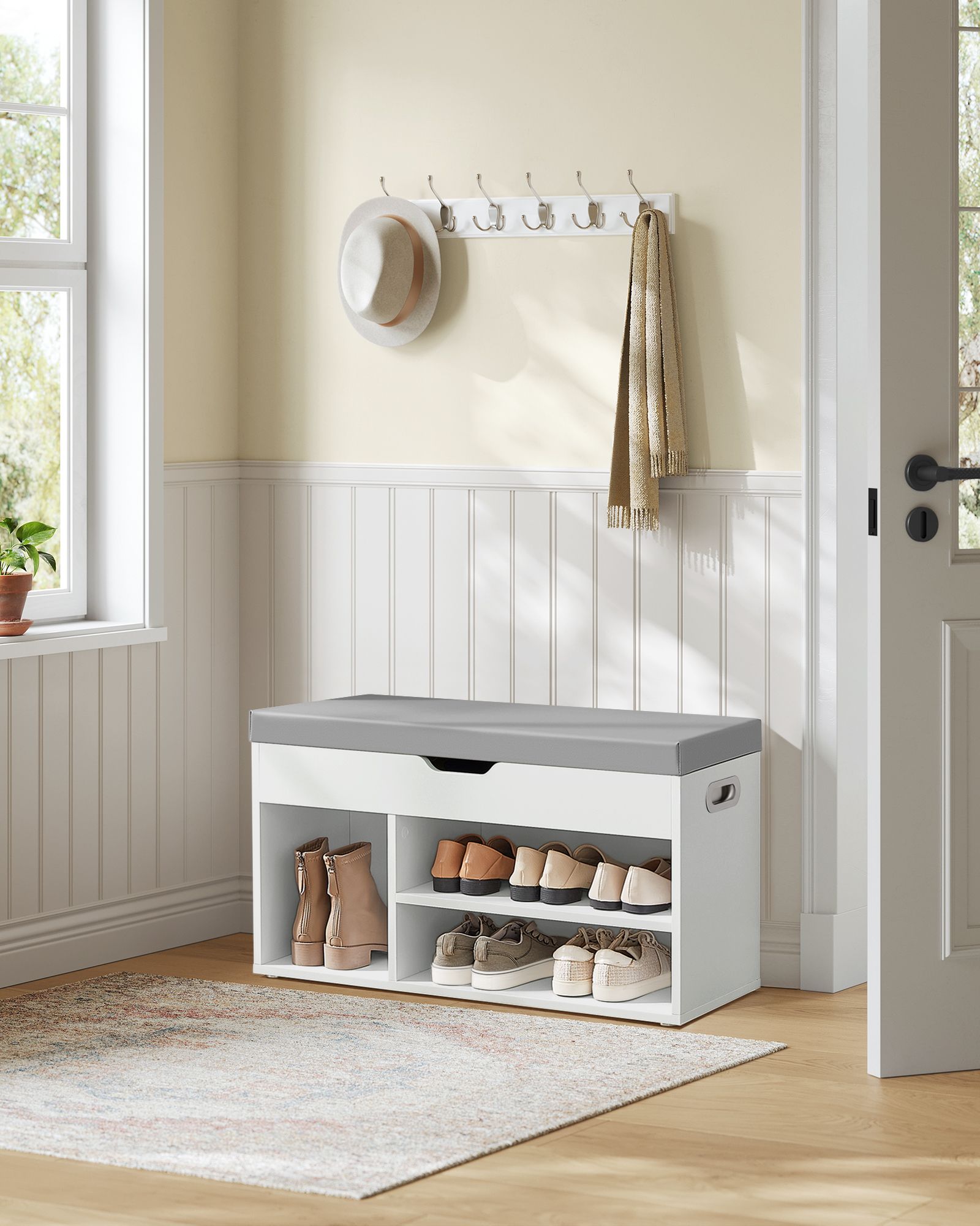 Shoe Bench – Wooden – Cloud White – Cushion Seat with 3 Storage Compartments