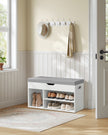 Shoe Bench – Wooden – Cloud White – Cushion Seat with 3 Storage Compartments