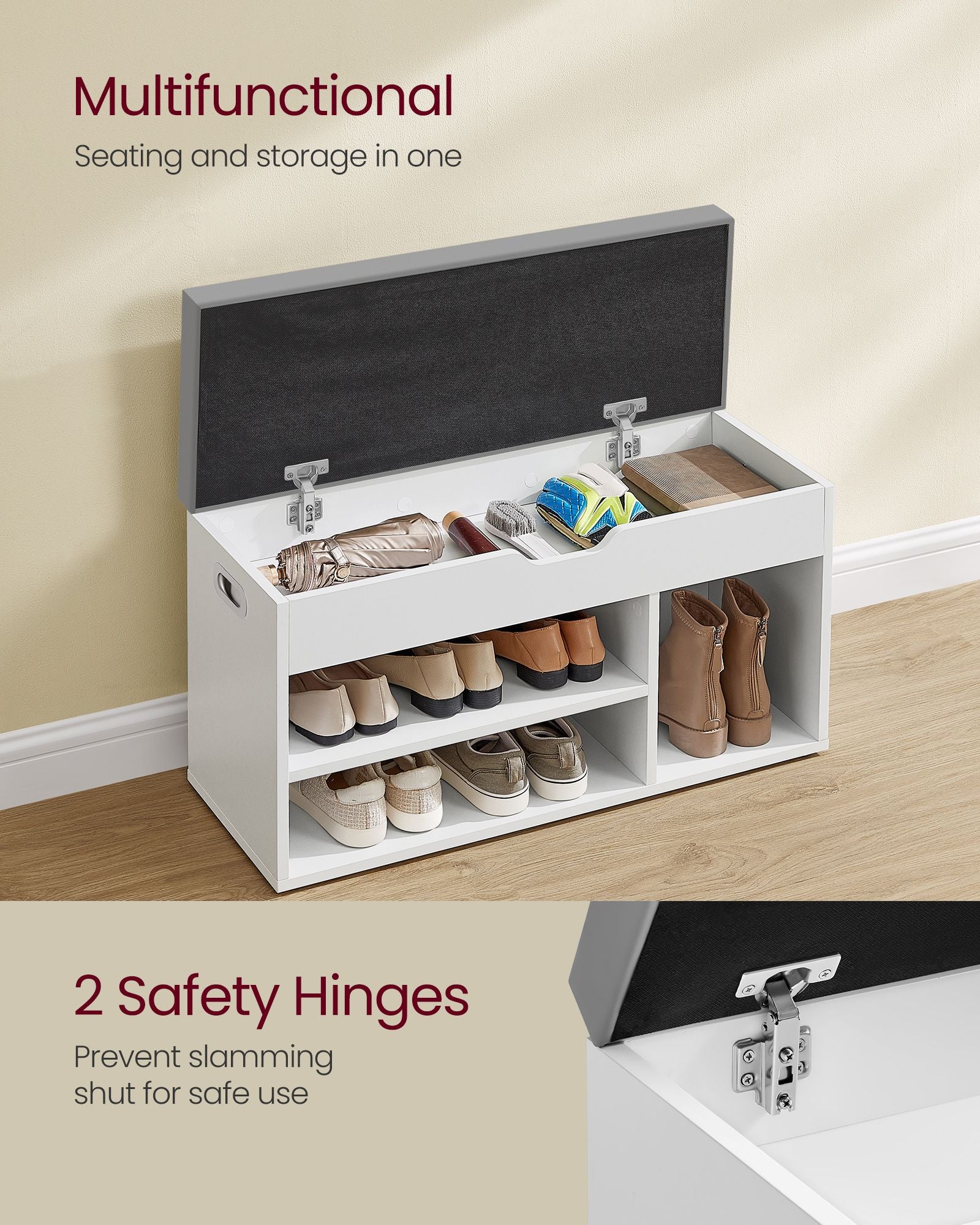 Shoe Bench – Wooden – Cloud White – Cushion Seat with 3 Storage Compartments