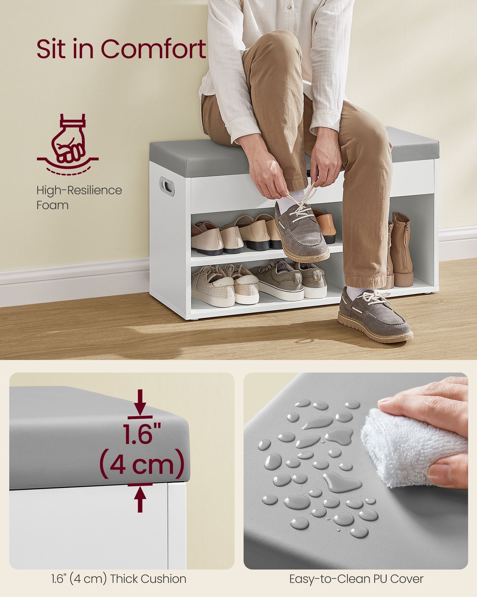 Shoe Bench – Wooden – Cloud White – Cushion Seat with 3 Storage Compartments