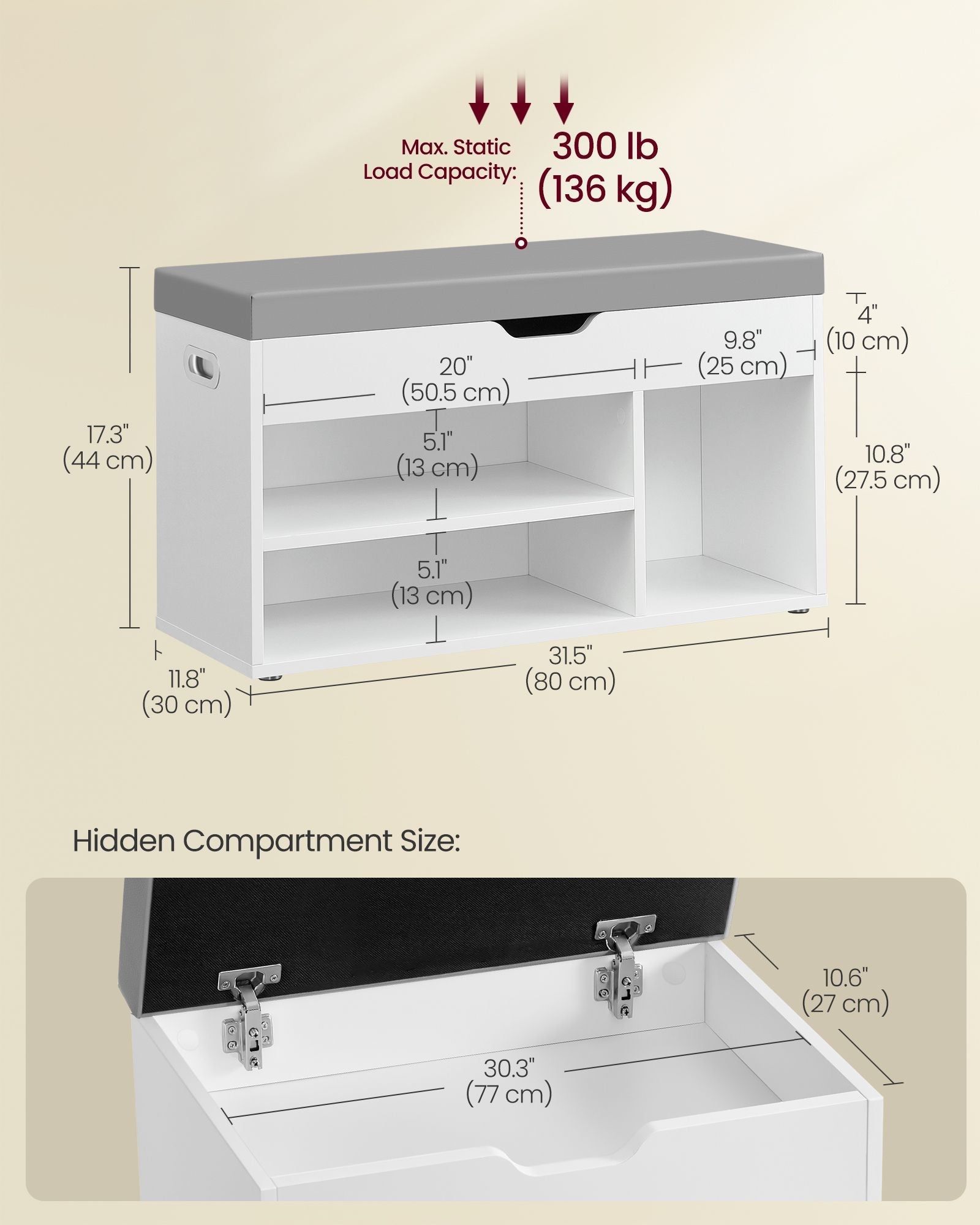 Shoe Bench – Wooden – Cloud White – Cushion Seat with 3 Storage Compartments