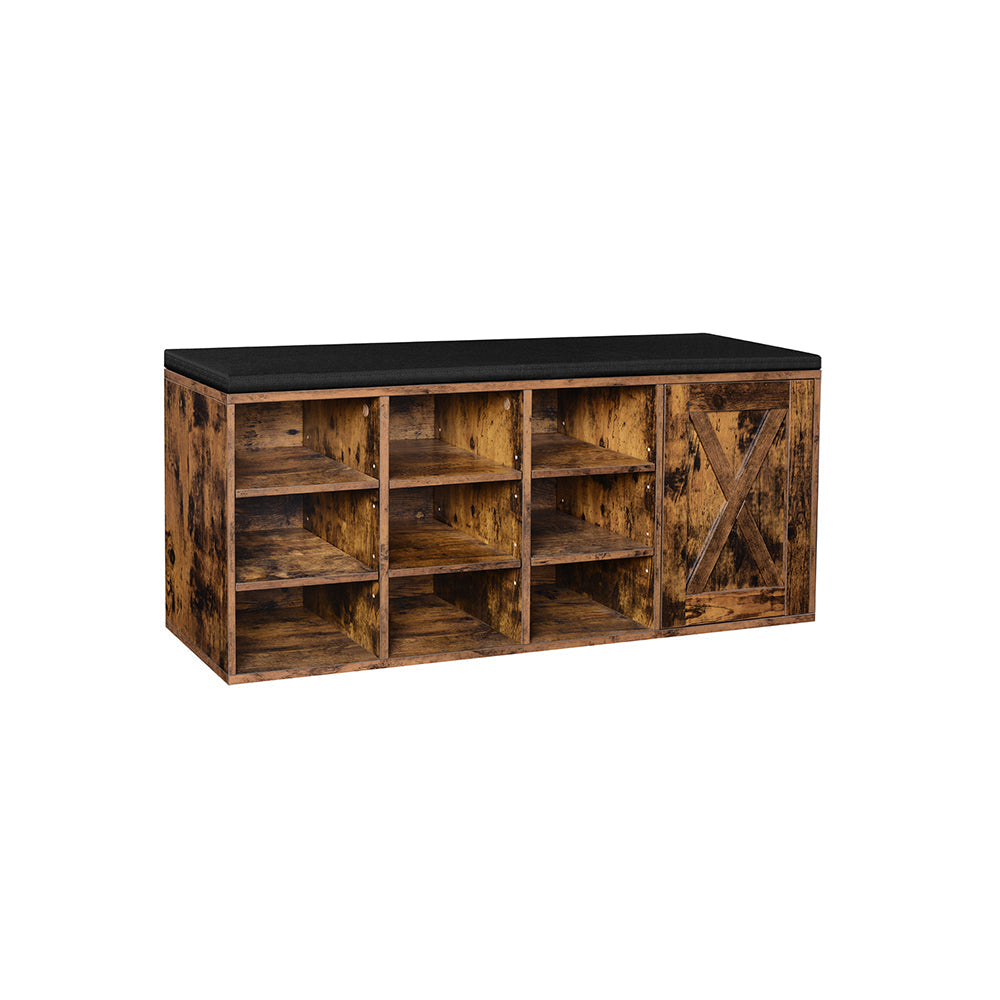 Shoe Rack – Wood – Vintage Brown – 9 Open Compartments with Cupboard and Padding
