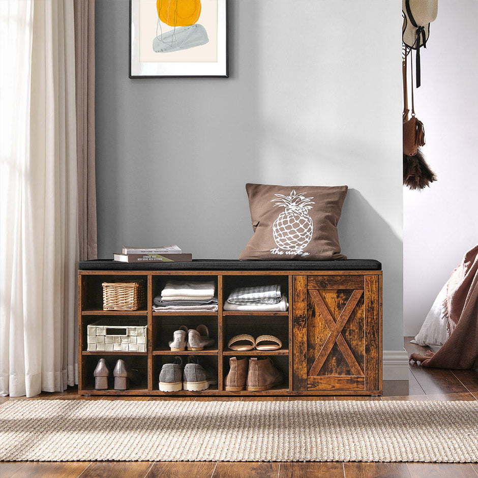 Shoe Rack – Wood – Vintage Brown – 9 Open Compartments with Cupboard and Padding