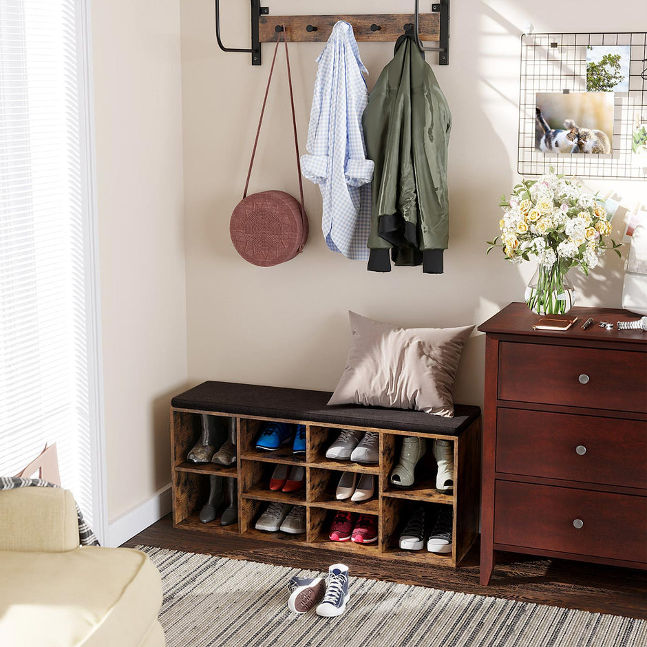 Shoe Bench – Wood – Rustic Brown – 10 Compartments with Cushion