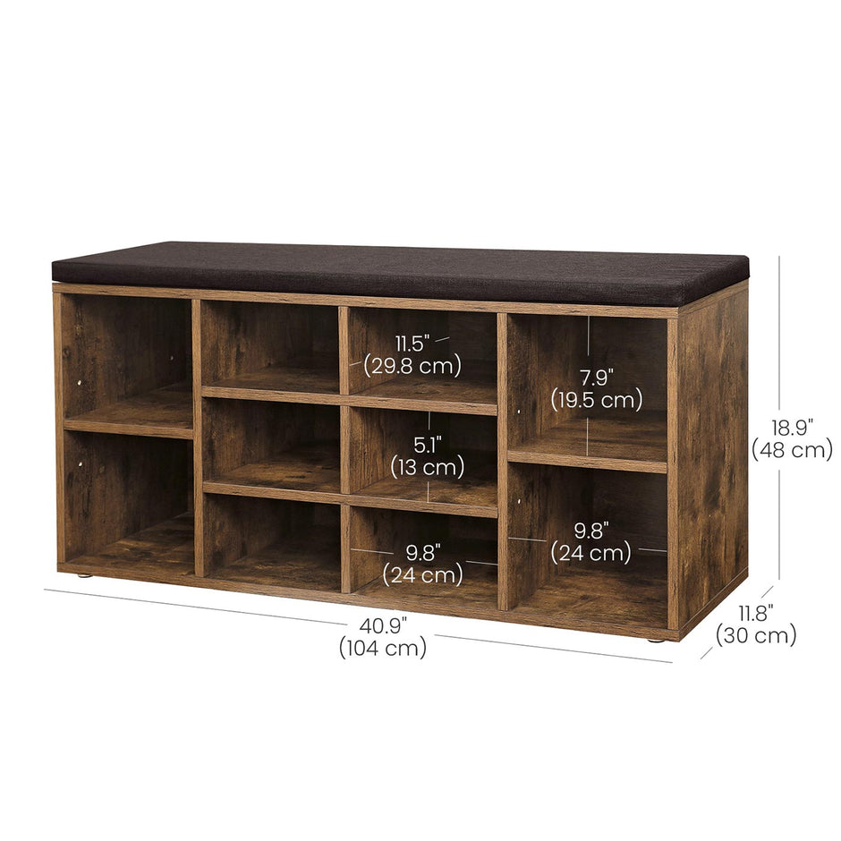 Shoe Bench – Wood – Rustic Brown – 10 Compartments with Cushion