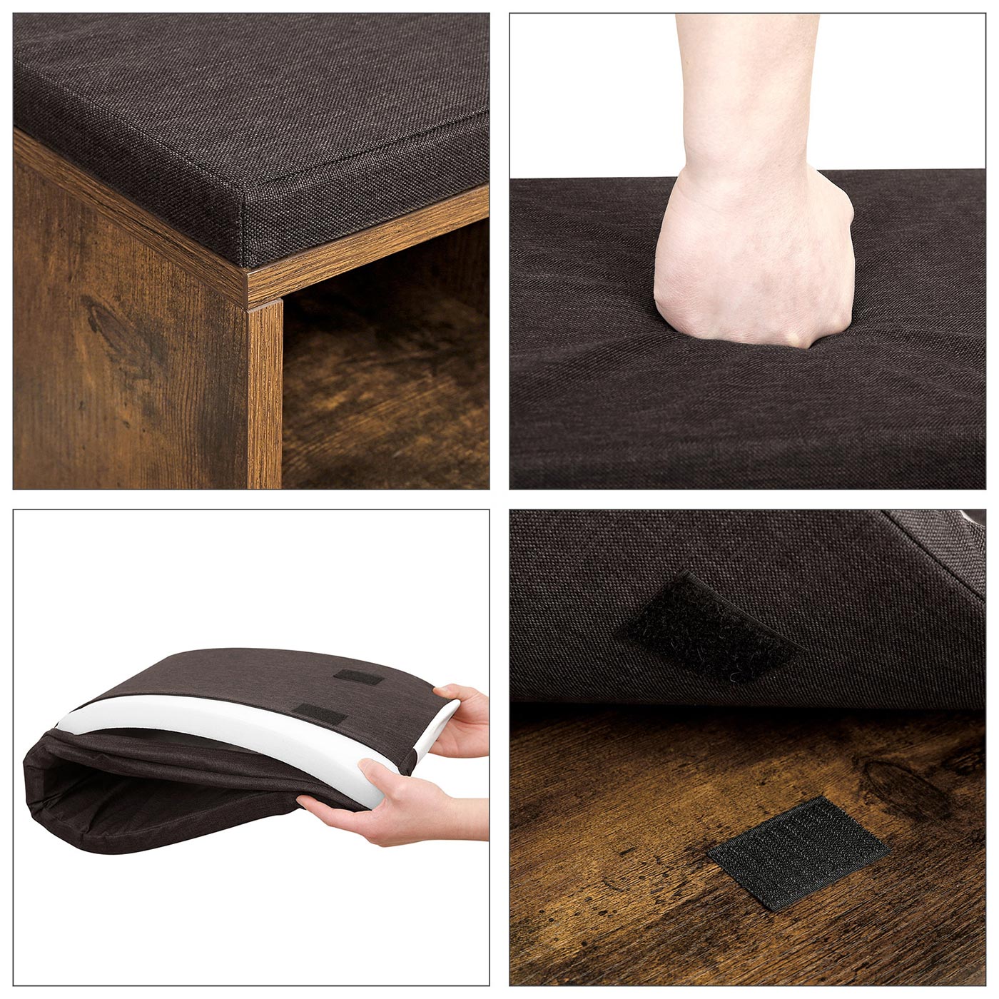 Shoe Bench – Wood – Rustic Brown – 10 Compartments with Cushion