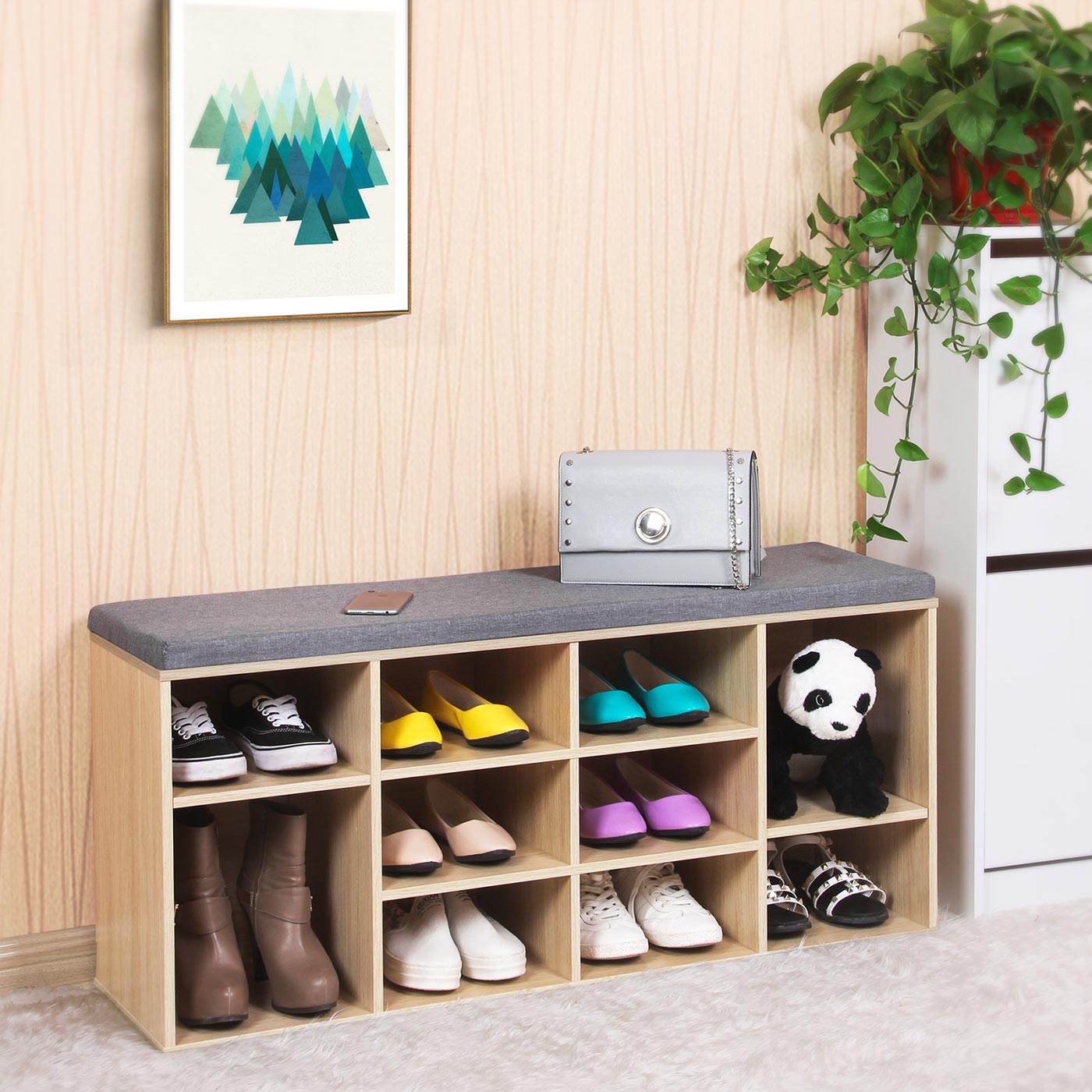 Shoe Bench – Wooden – White – 10 Compartments with Seat Cushion