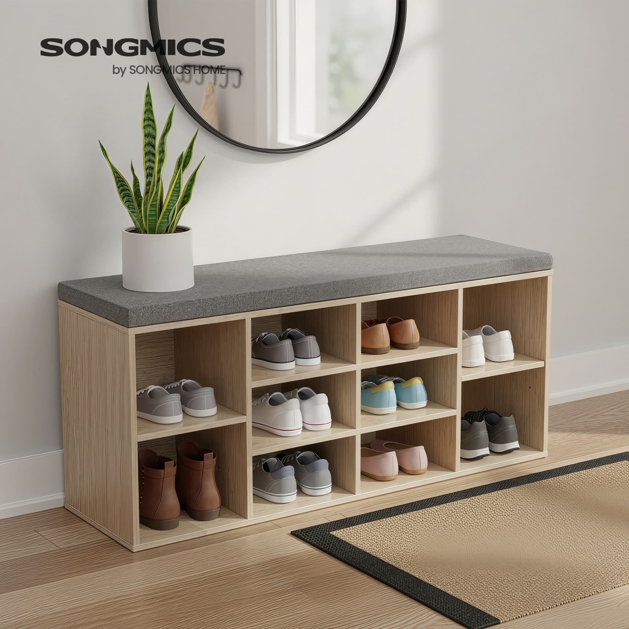 Entryway Storage Bench – Wood – Oak – 10-Compartment Shoe Organizer with Cushion