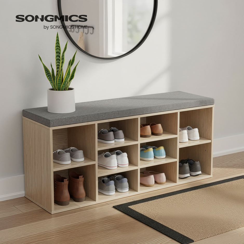 Entryway Storage Bench – Wood – Oak – 10-Compartment Shoe Organizer with Cushion