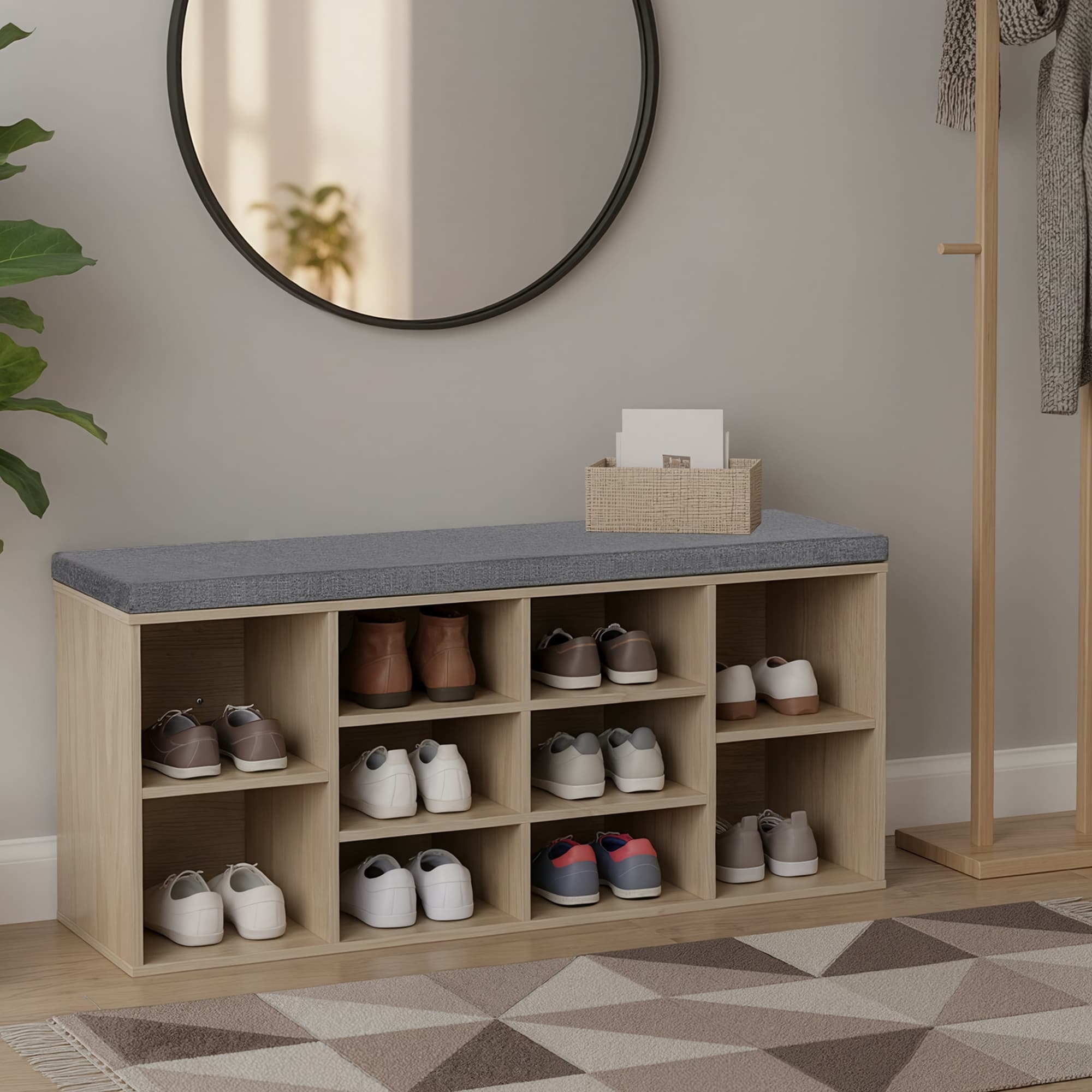 Entryway Storage Bench – Wood – Oak – 10-Compartment Shoe Organizer with Cushion