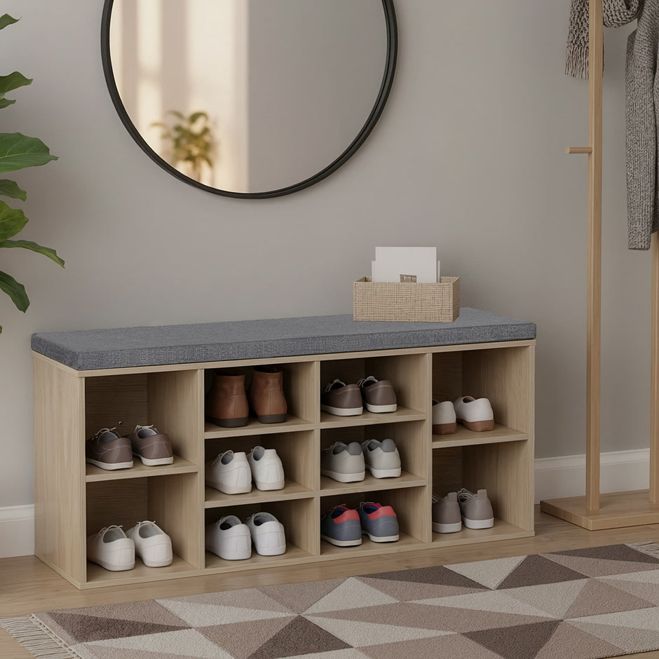 Entryway Storage Bench – Wood – Oak – 10-Compartment Shoe Organizer with Cushion