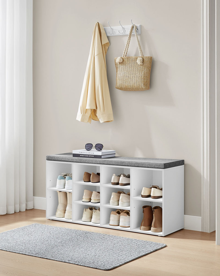 Shoe Bench – Wooden – White – With Seat Cushion and Storage Cabinet