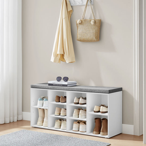 Shoe Bench – Wooden – White – With Seat Cushion and Storage Cabinet