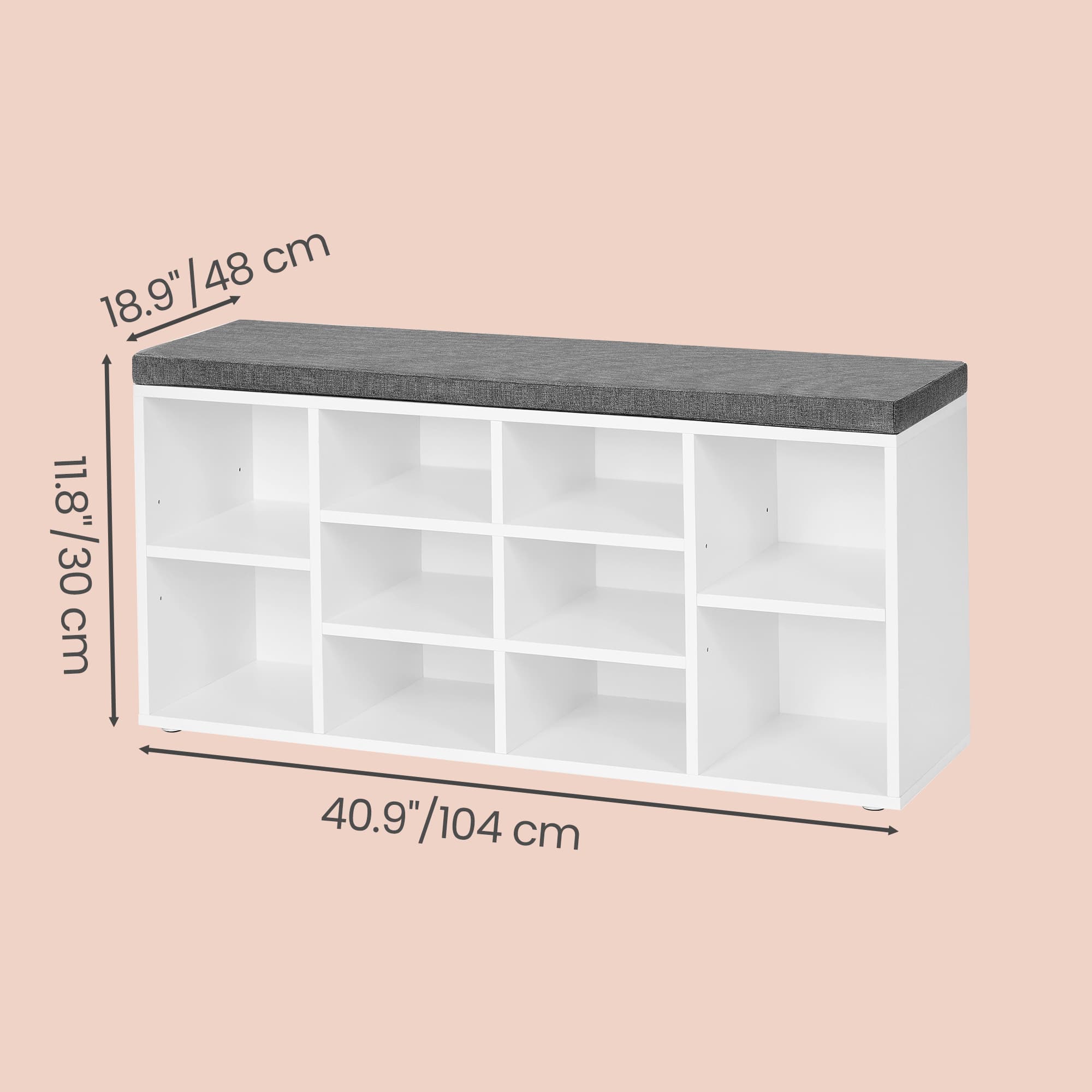 Entryway Storage Bench – Wooden – White – 10-Compartment Shoe Organizer with Cushion