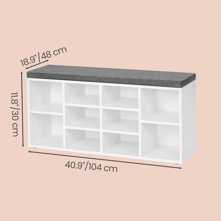 Entryway Storage Bench – Wooden – White – 10-Compartment Shoe Organizer with Cushion